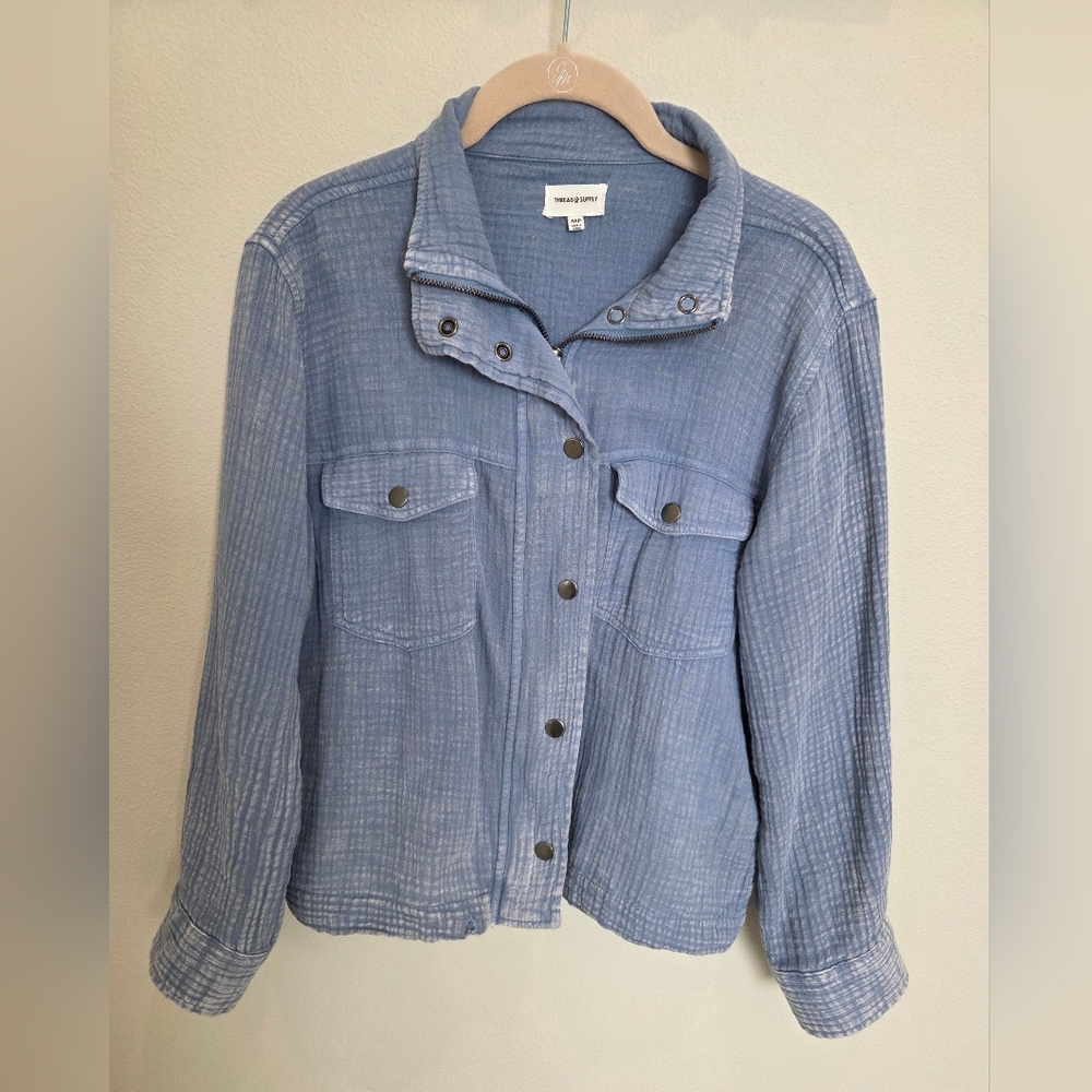 Thread Supply Sky Blue Cotton-Blend Super Soft Button Weathered Jacket
